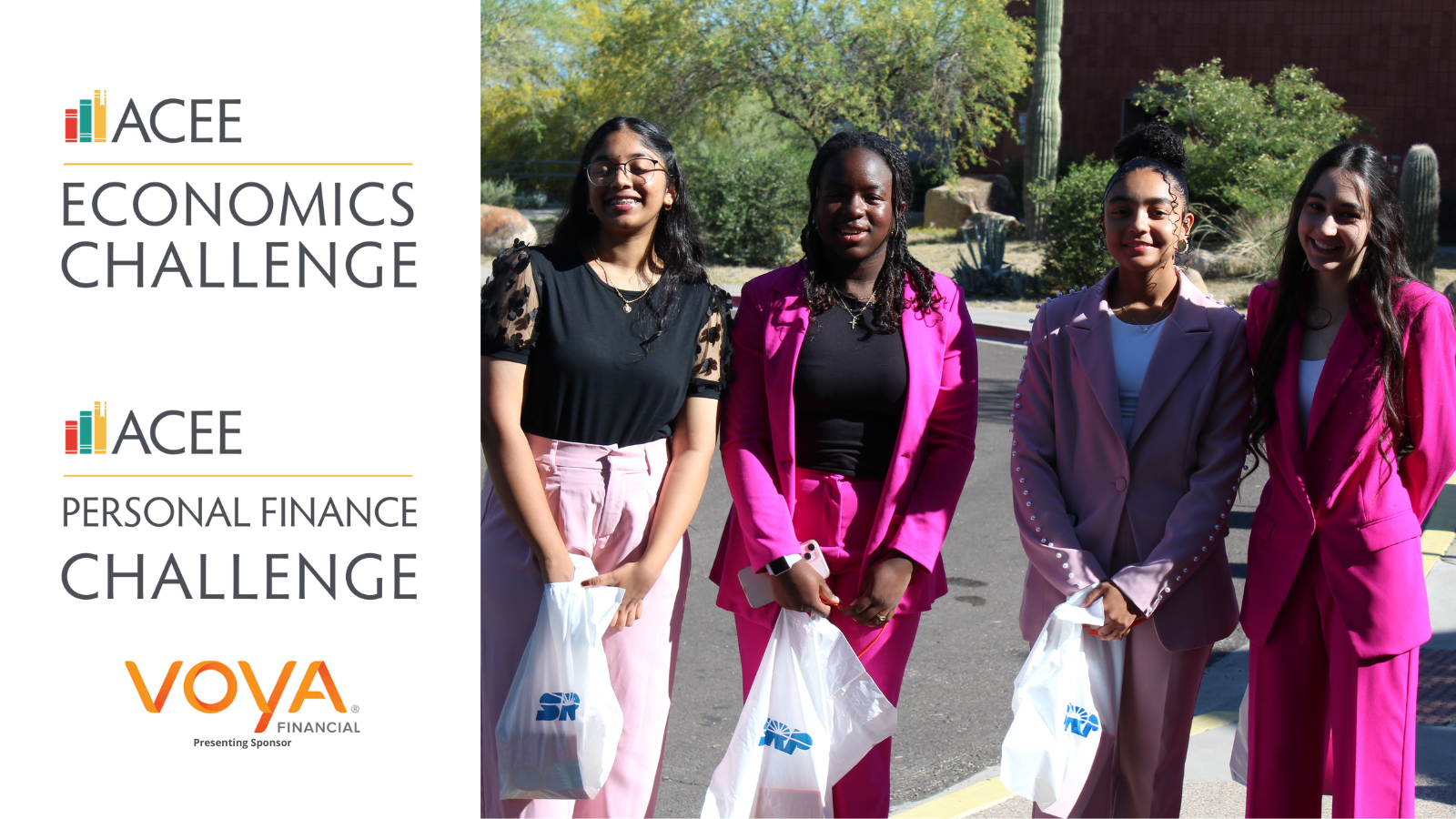 Personal Finance Challenge and Economics Challenge logos with a photo of girls dressed professionally.